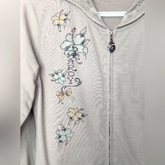 Vintage Ed Hardy Women's (Large) Slim Long Zip-Front Hoodie With Graphics & Lace - Picture 4 of 16